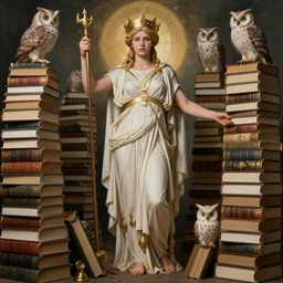 jenna dewan as the goddess minerva surrounded by stacks of books, owls, esoteric symbols, in the style of thomas dodd, 8 k, hyperdetailed