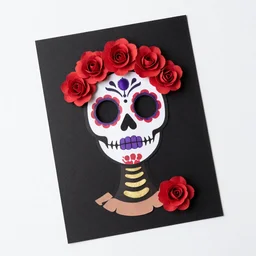 La Catrina + black paper + elements + red + purple + gold + neon + baroque + rococo + white + orange+ ink + playing card with ornate border + marc Simonetti, paul pope, peter mohrbacher, Alfonse Mucha detailed, intricate ink illustration