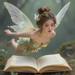 a very beautiful fairy with a beautiful detailed face, the fairy flies above a opened book, digital painting, fantasy art