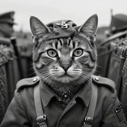 A cat wearing soldier uniform in a world war 1 trench, close-up, black and white, amazing digital art, hyper detailed, artstation, in the style of Tony Sart