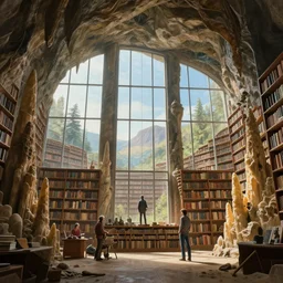 vast library in a cave with huge windows flanked by stalagmites, Moebius, james gurney, thomas kinkade, rodney mathews, trending on artstation
