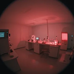 noisy color photograph of a retrofuturist liminal space, laboratory, red lights, minimalist, cinematic, fish eye lens, soft vintage glow