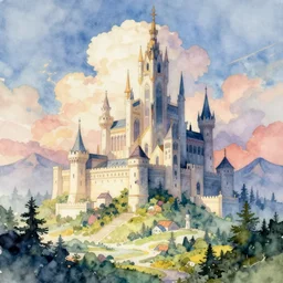 a beautiful landscape with futuristic castle, majestic skies, aquarel, by greg rutkowski, by raphael lacoste, by craig mullins