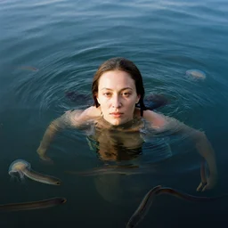 a closeup portrait of a woman, swimming in a lake full of millions of eels and jellyfish, color photograph, by jan van eyck, canon eos c 3 0 0, ƒ 1. 8, 3 5 mm, 8 k, medium - format print