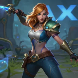 an action shot of Sophie turner as Miss Fortune in League of Legends, 4K, cinema, imax, hyperreal