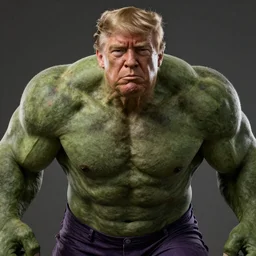 Donald Trump with The Incredible Hulks body, realistic artstyle, wide shot, dramatic lighting, octane render, hyperrealistic, high quality, highly detailed, HD, beautiful, cinematic, 8k, unreal engine, facial accuracy, symmetrical