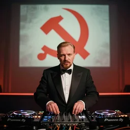 vladimir lenin as a dj at the local night club, sharp lines, style of communist propaganda