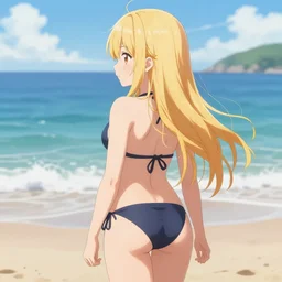 anime visual of very cute girl from behind with long blonde hair, at the beach in one piece bathers, high detail, trending on artstation