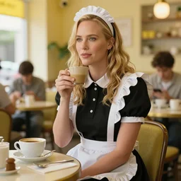 a charlize theron in a maid's outfit in a cafe a afternoon, wavy hair yellow theme, s line, 4 5 angel by krenz cushart and mucha and greg rutkowski