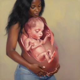 a pregnant black woman, with black hair, with a 1 2 week fetus in her stomach, rubbing her belly, and the fetus is dancing, in painterly fashion