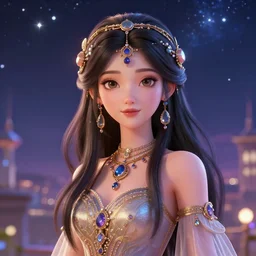 masterpiece portrait charming and miracle girl astromancer boho accessories in dreamlike cg animation, kpop, glossy skin, luxry dress, high detailed face, animated, art by artgerm, greg rutkowski, macoto takahashi, big major starry sky and city in background, character select portrait, 3 d, fantasy, no distorsion, medium long shot, 8 k realistic