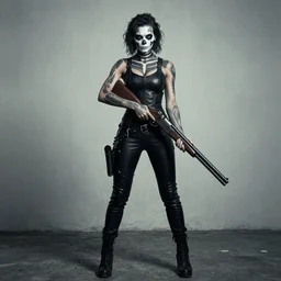 in the style of artgerm, Samara Weaving with skull paint on her face, full body, holding a shotgun