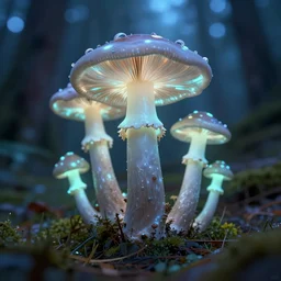 blue forest, glowing mushrooms, macro lens, raytracing, hyperreal, digital art, highly detailed, artstation