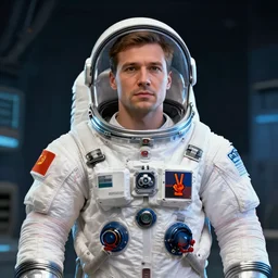 a man in a space suit with a peace sign on his chest, computer graphics by senior character artist, trending on cgsociety, antipodeans, soviet propaganda, rtx, elite