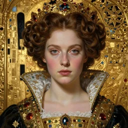 face centered portrait, artwork by james jean, hyperdetailed realistic, beautiful medieval queen, jean delville, art nouveau, gustav klimt, ornate gilded gothic icon, james jean