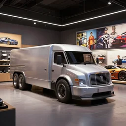 concept truck in forza horizon, beamng, grand theft auto, need for speed. art by filip hodas and artgerm. store indoor, studio, showroom, dealership, indoor display, convention, exhibition. rhads. 3 d render, surrealism, hyperrealism.
