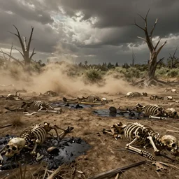 Barren wasteland, skeletons of dead animals lying around, toxic waste puddles scattered around, dead trees and shrubs in the back, dust being kicked up, dirty clouds in the sky, hyperdetailed, artstation, cgsociety, 8k