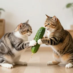a cat fighting against a cucumber