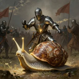 medieval knight doing battle with a giant snail
