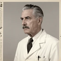 newspaper photo from 40s of a sidecut grey hair toupet mature stern looking slim medical doctor with straight mustache