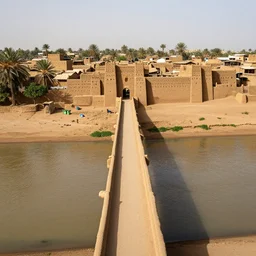 High-quality photography taken from a bridge that crosses a river in an old West African city made of mud bricks, Timbuktu, wide-angle lens, National Geographic
