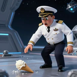 a science fiction space admiral being shocked at dropping his ice - cream cone on the ground
