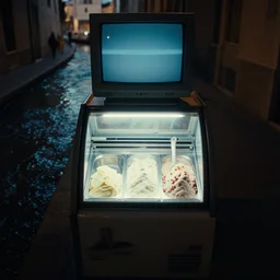 an ice cream fridge in the middle of a neapolitan ice cream river, from 1 9 8 5, bathed in the glow of a crt monitor, ice cream in background, low - light photograph, miniature subsurface scattering, one point perspective, photography tyler mitchell