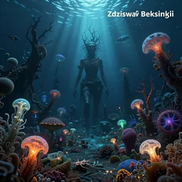 cinematic landscape, nightmares of the deepest oceans by zdzisław beksinski, bioluminescent, ai biodiversity, ernst haeckel, photorealistic ultrasharp hyperdetailed octane render