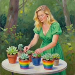 painting by Adam Hughes of a beautiful blonde woman with shoulder length hair in a forest green dress putting colorful succulents into rainbow pots at a square table