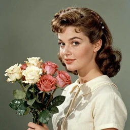 a girl and flowers, in style of magazine art 1950