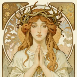 priestess wearing a crown of twisting branches, by beksinski and alphonse mucha