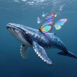 digital painting of a fictional whale, tiny multiple holographic butterfly wings on its backside, fully detailed, 4 k, octane render quality, real footage, psychedelics featured on artstation by mohamed solah, art limited whale by bahar moumivand, subreddit / r / whale