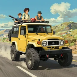 digital illustration of mad max's fj 4 0 pursuit special, the last v 8 interceptor driving down a deserted cyberpunk highway in the middle of the day by studio ghibli, anime style year 2 0 9 3, by makoto shinkai, ilya kuvshinov, lois van baarle, rossdraws, basquiat
