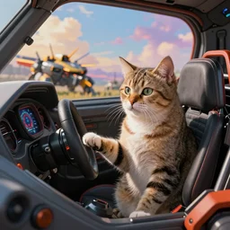 cat piloting a mecha, cat sitting in the cockpit of a futuristic mecha, paw on throttle, cockpit view, vibrant colors by anato finnstark