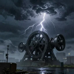 pieces of the mechanism data sharp focus, on rainy night, epic thunderstorm, volumetric fog environment, by goro fujita artstation