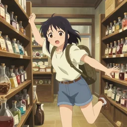anime frames, portrait of a young female traveler in a alchemist's potion shop interior shopping, cute face by murata range, yoh yoshinari, dynamic perspective pose, detailed, lomography, hdr,