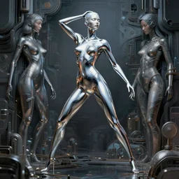 a high quality full body portrait of a woman made of liquid metal, precise anatomy, smooth chrome skin, highly detailed, dynamic pose, dramatic composition, by allen jones, james rosenquist, noriyoshi ohrai, cgsociety, figurative art, airbrush art, synthwave, detailed and intricate environment, global illumination