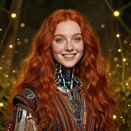 a totally amazed smiling pretty robot surrounded by golden firefly lights in a mesmerizing scene, fully covering intricate detailed bohemian outfit, long loose red hair, precise linework, accurate green eyes, small nose with freckles, beautiful smooth oval head, expressive emotions, hyper realistic ultrafine portrait by artemisia gentileschi, jessica rossier, greg rutkowski, artgerm
