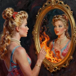a photorealistic highly detailed painting of a vintage 1 9 5 0's game show looking at his reflection in a fire by johfra bosschart, lisa frank, kinkade, visionary art, dark fantasy art, high detail, trending on artstation