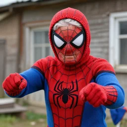 stunning photograph of ( ( granny spiderman ) ) in rural russia, knitted spidersuit, babushka, closeup, aperture 1. 2, red blue, fighting crime