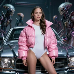 beautiful fantasy character portrait, natalie portman, wearing oversized plastic puffy pink bomber jacket and white leotard, very seductive pose, ultra realistic, wide angle, dramatic lighting, futuristic chrome vehicle, alien creatures, cyberpunk artifacts, highly detailed by aaron horkey, paolo eleuteri serpieri, hajime sorayama, boris vallejo, peter mohrbacher,,