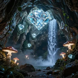 a beautiful and stunning digital render of a humongous geode cave, dimly glowing diamonds, mushrooms, vines, haze, waterfall, volumetric lighting, photorealistic, unreal engine 5, ultra detail, trending on artstation