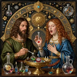 an astonishing and hilarious jean giraud work of art of sasha and anne shulgin in the style of a renaissance masters portrait, mystical and new age symbolism and tibetan book of the dead imagery, intricately detailed, chemisty theme, 4 k