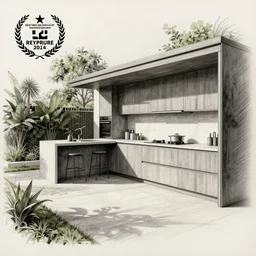 modern garden kitchen design, designer pencil sketch, HD resolution