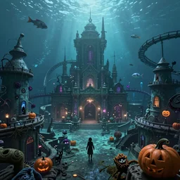 a horror based amusement park during halloween that takes place deep underwater and is built on the idea of the lost city of atlantis, first person perspective looking up, halloween decorations, underwater city, amusement park, spooky, fish in the background, rides, amusement park buildings, deep sea themed, horror themed, fun, concept art, tim burton