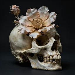 a beautiful and intricate flower flowing out of a broken skull, cinematic lighting, art by john howe
