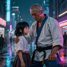 old martial arts teacher with his cute daughter, rainy night, neon glow concept art, sharp focus, city background, intricate, digital painting, artstation, cyberpunk 2077, official media, anime key visual, wallpaper, highly detailed, rich vivid colors ambient lighting,, illustration, art by Artgerm, Makoto Shinkai, Ilya Kuvshinov, Lois Van Baarle and Rossdraws