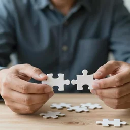 a professional photo of a man putting the last puzzle piece, photography