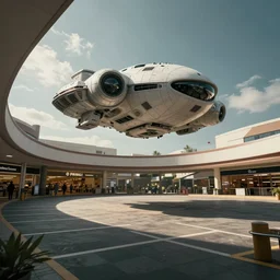 an alien spaceship landing in an empty shopping mall parking lot, hyper realistic, photorealistic