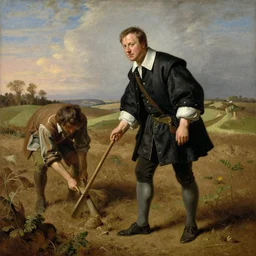 david cameron as a 1 7 th century peasant working in the fields, painting, restored, 1 7 th century art, very detailed painting
